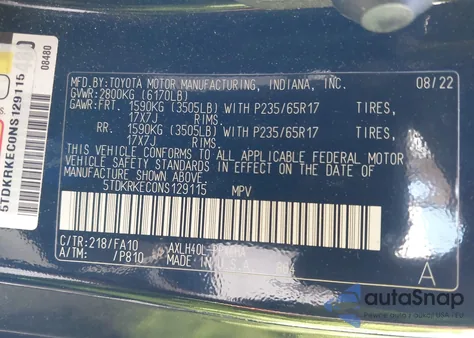 2022 Toyota Sienna Le z USA, uszkodzony, nr VIN 5TDKRKEC0NS129115